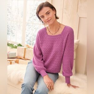 Garnet Hill Cashmere Blouson Sleeve Square Neck Pointelle Fuchsia Sweater